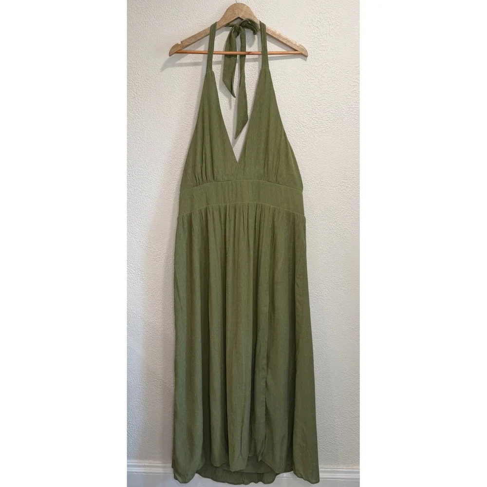 Abercrombie & Fitch Olive Green Halter Maxi Dress Textured V-Neck Slit XL Fall